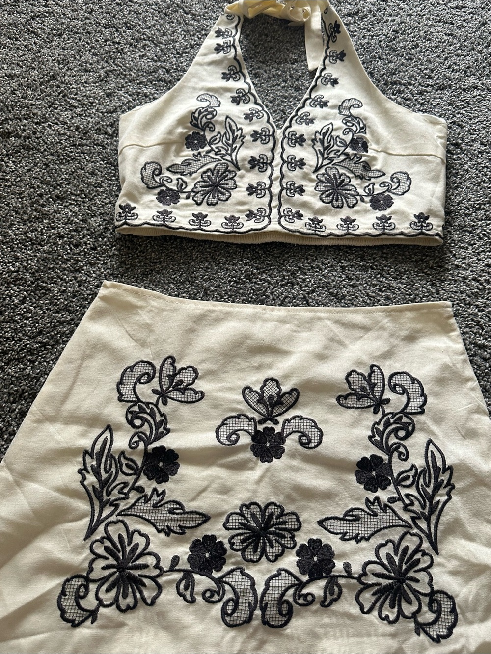SHEIN Cream Halter Top and Skirt Set with Black Floral Embroidery